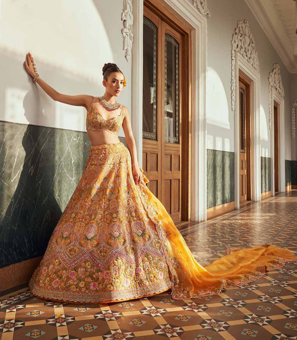 CY Anushree Reddy Daisy Sunset Yellow Embroidered Scallop Lehenga Set Front 3