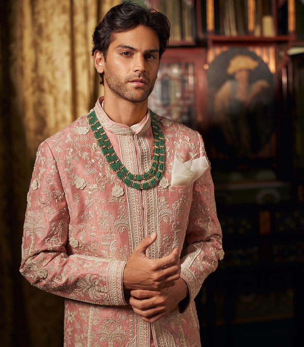 CY Anushree Reddy Dusty Rose Raw Silk Sherwani Set Closeup 1