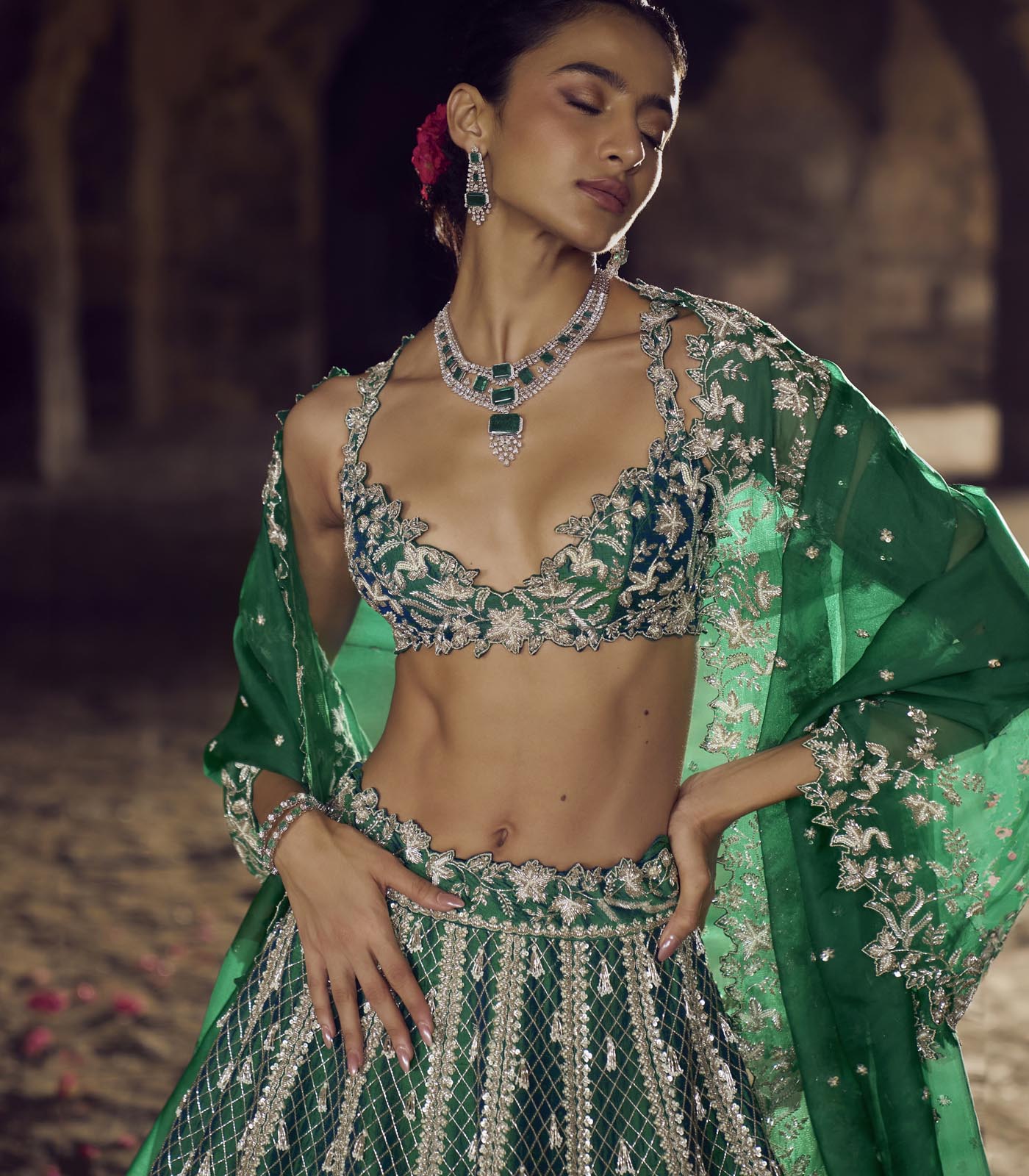 CY Anushree Reddy Emerlad Green Hustle Lehenga Set Close Up 1