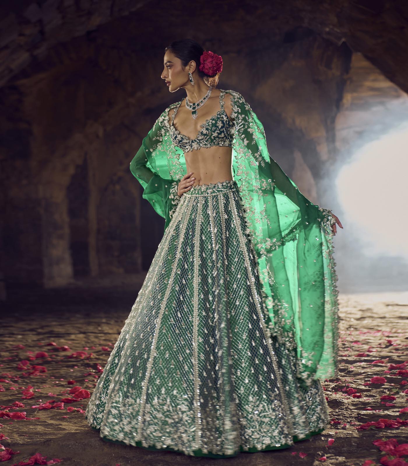 CY Anushree Reddy Emerlad Green Hustle Lehenga Set Front 2