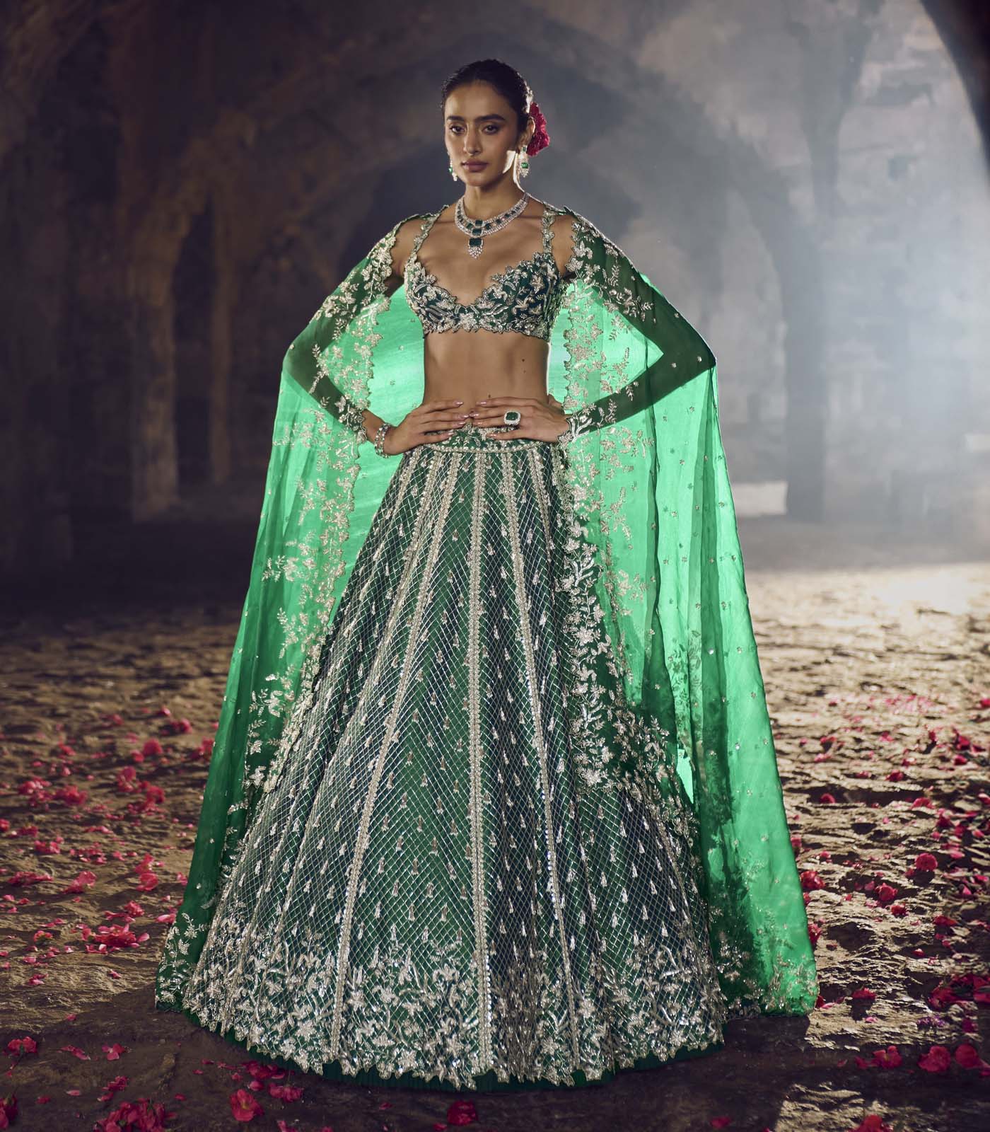 CY Anushree Reddy Emerlad Green Hustle Lehenga Set Front 3