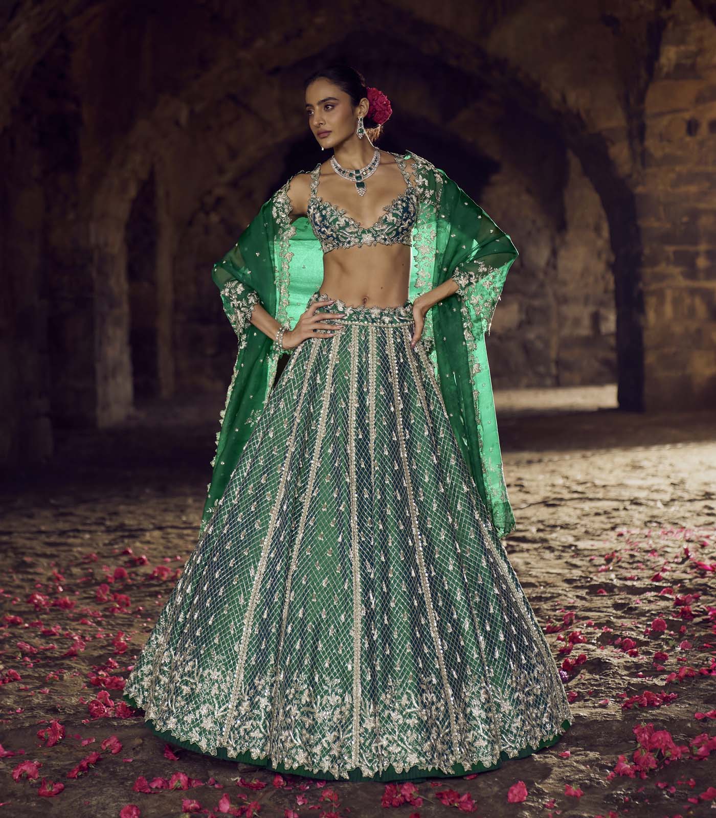 CY Anushree Reddy Emerlad Green Hustle Lehenga Set Front 1