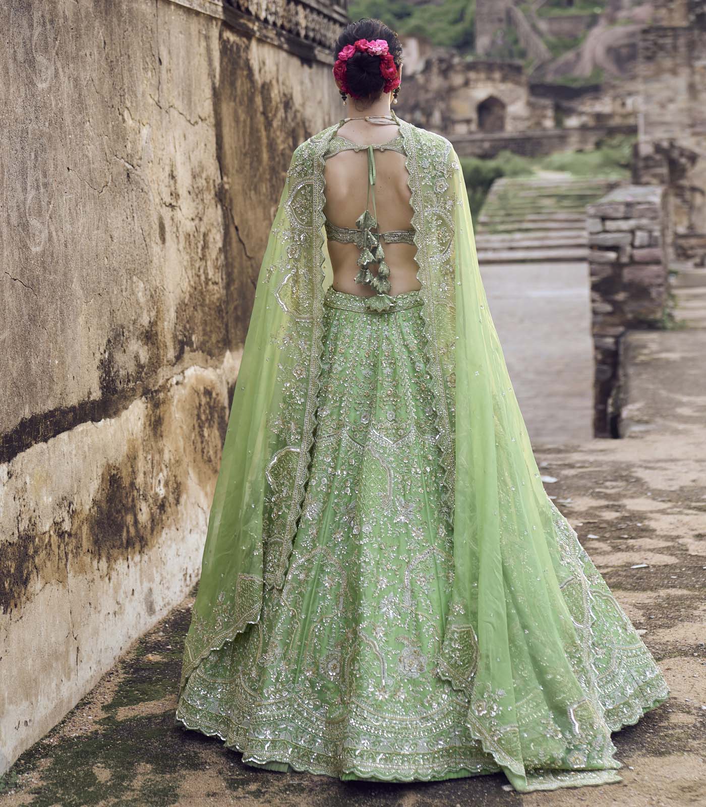 CY Anushree Reddy Green Naina Lehenga Set Backless Blouse Back 1