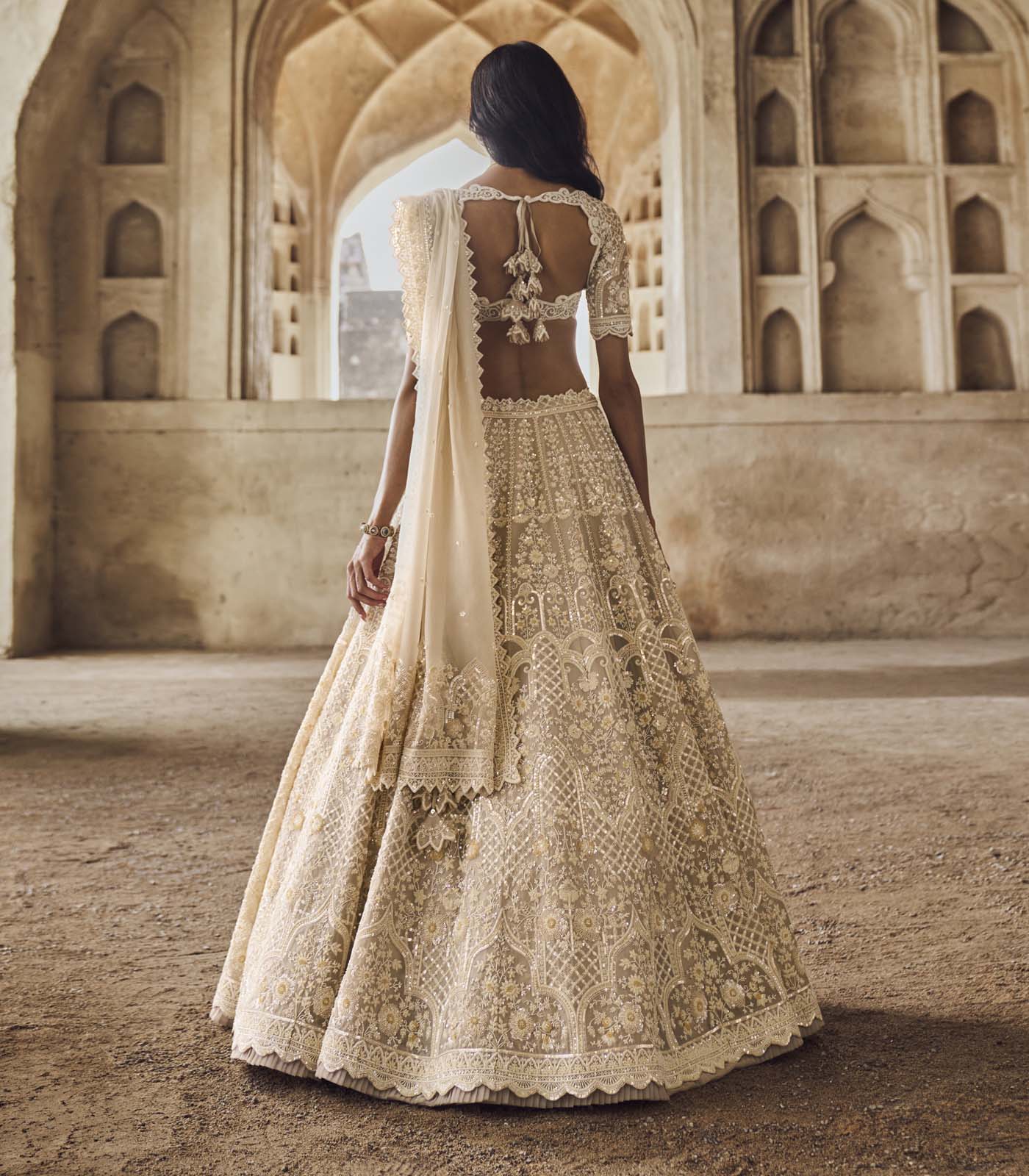 CY Anushree Reddy Greyish Ivory Meena Lehenga Set Backside