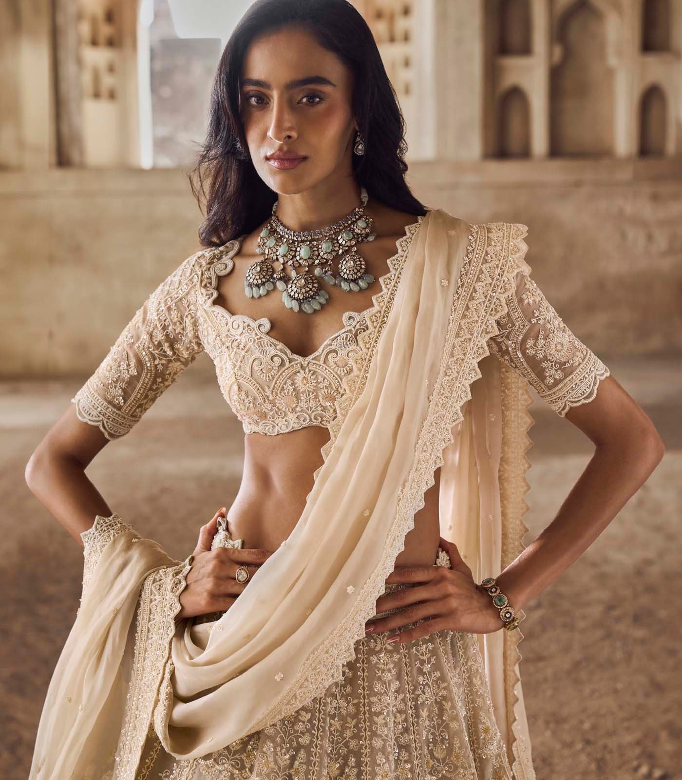 CY Anushree Reddy Greyish Ivory Meena Lehenga Set Close Up