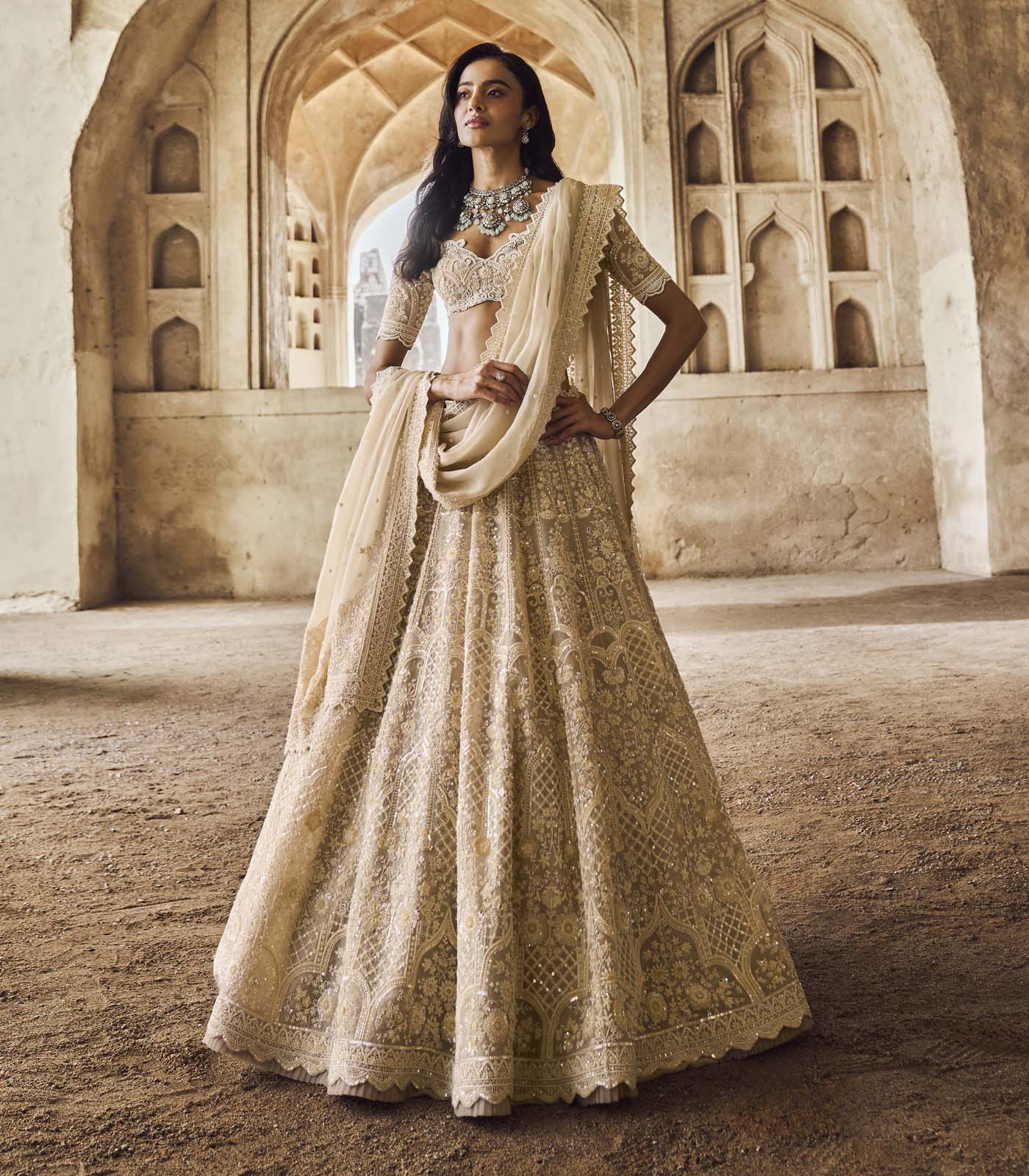 CY Anushree Reddy Greyish Ivory Meena Lehenga Set Front 1