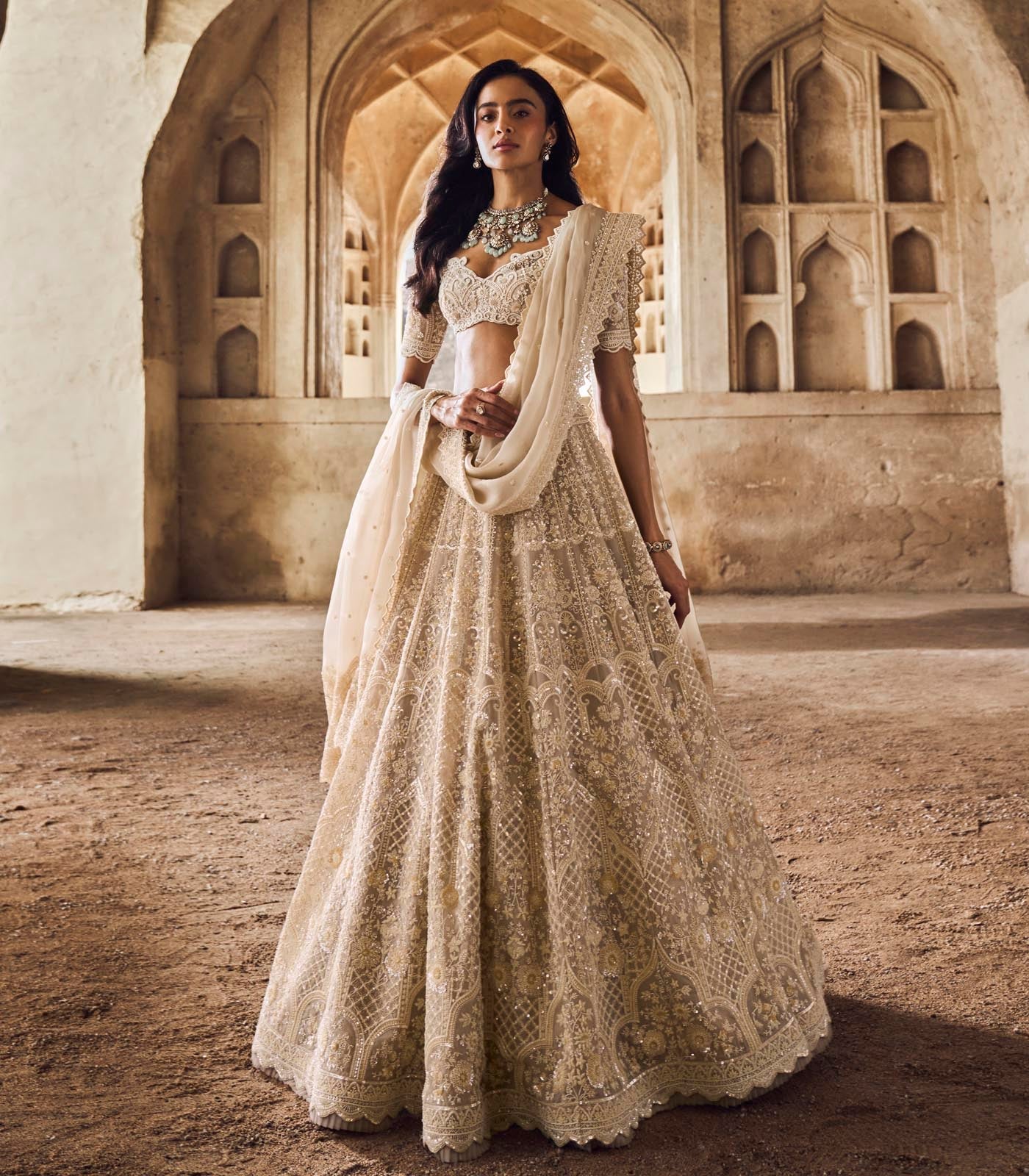 CY Anushree Reddy Greyish Ivory Meena Lehenga Set Front 2