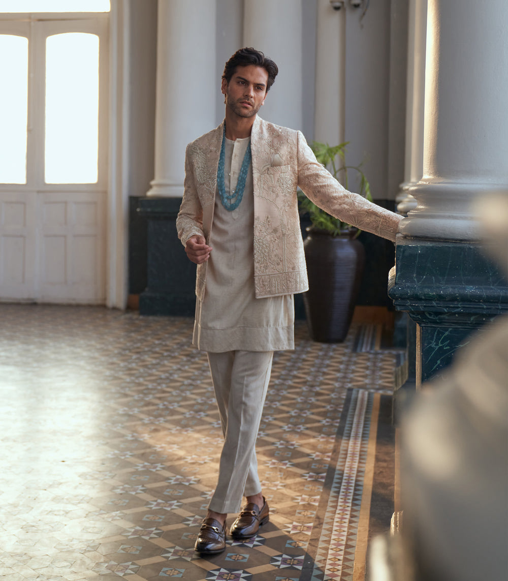 CY Anushree Reddy Ivory Raw Silk Bandhgala Set Success Front 2