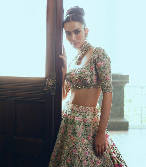 CY Anushree Reddy Ivy Ivory Embroidered Cutdana Mughal Lehenga Set Closeup 1