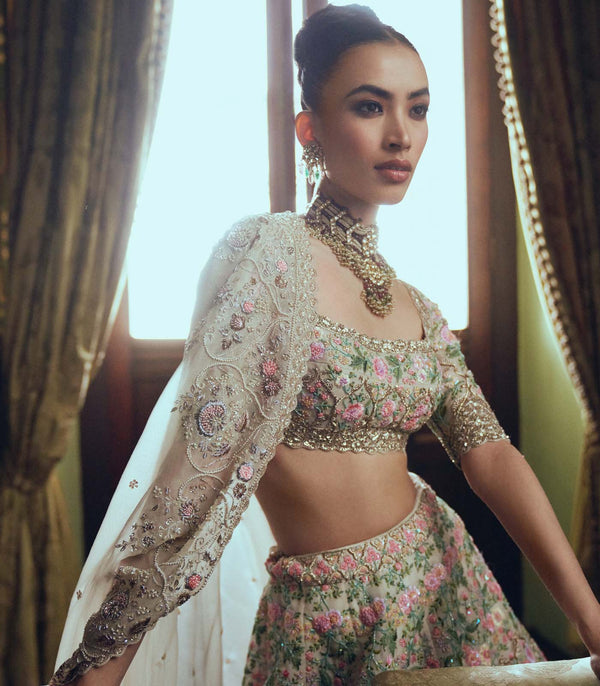 CY Anushree Reddy Ivy Ivory Embroidered Cutdana Mughal Lehenga Set Closeup 2