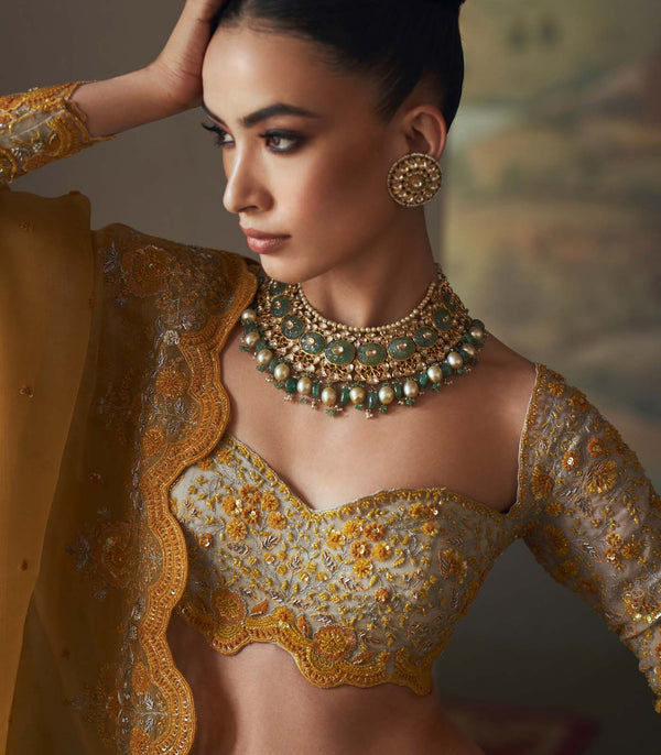 CY Anushree Reddy Ivy Ivory Embroidered Cutdana Mughal Lehenga Set Closeup 3