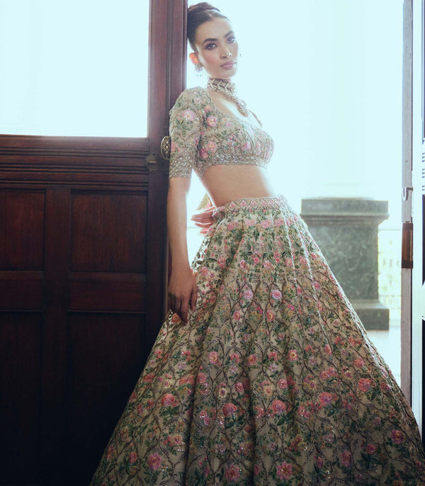 CY Anushree Reddy Ivy Ivory Embroidered Cutdana Mughal Lehenga Set Front 1