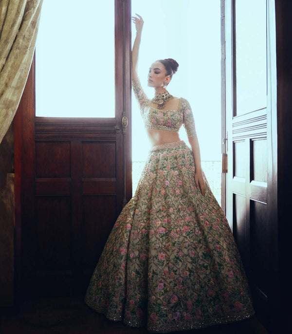 CY Anushree Reddy Ivy Ivory Embroidered Cutdana Mughal Lehenga Set Front 2