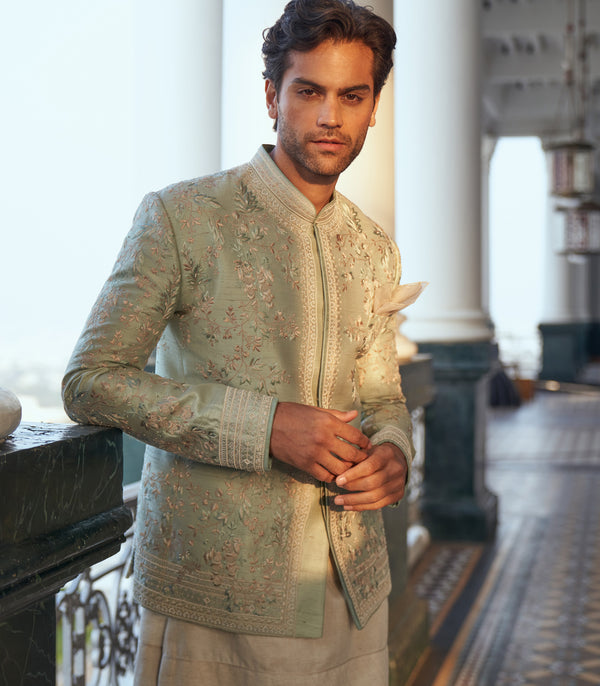 CY Anushree Reddy Mint Green Raw Silk Bandhgala Set Closeup 2