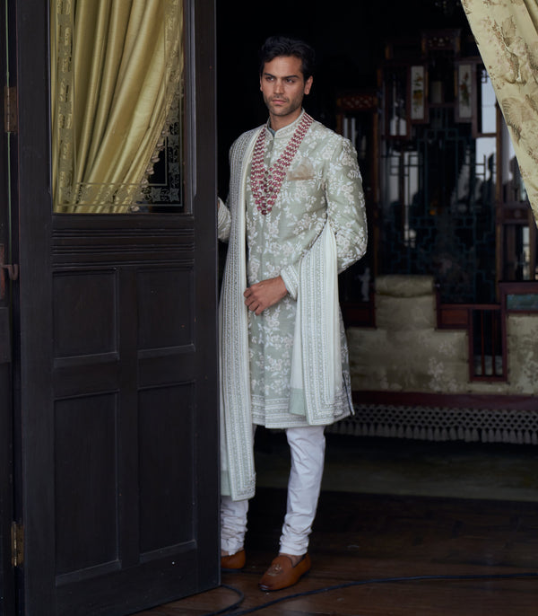 CY Anushree Reddy Mint Green Raw Silk Sherwani Set Success Front 1