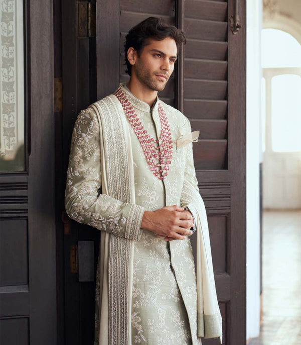 CY Anushree Reddy Mint Green Raw Silk Sherwani Set Success Front 2