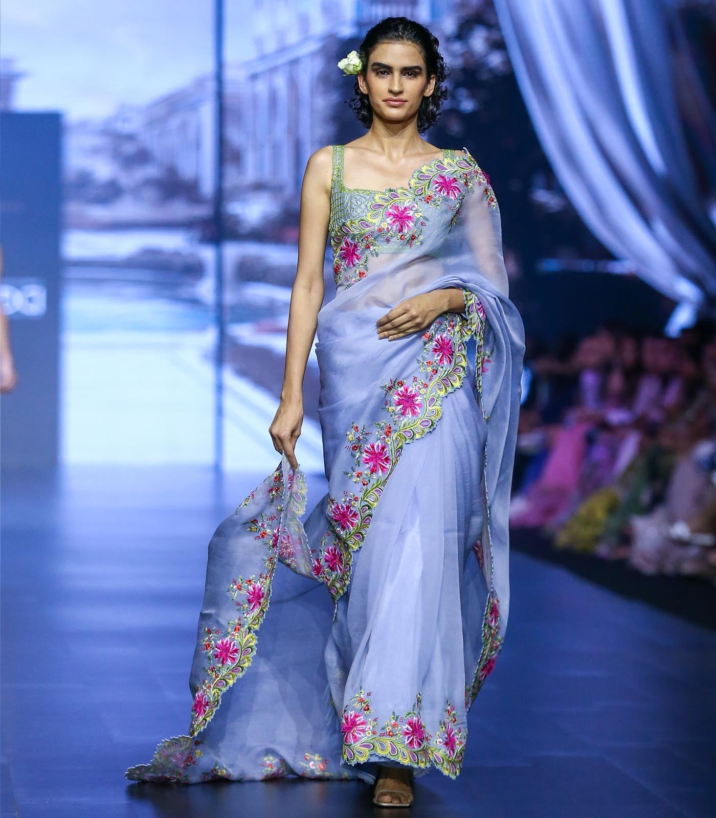 CY Anushree Reddy Naadim - Powder Blue Embrodiered Saree Set Front 1