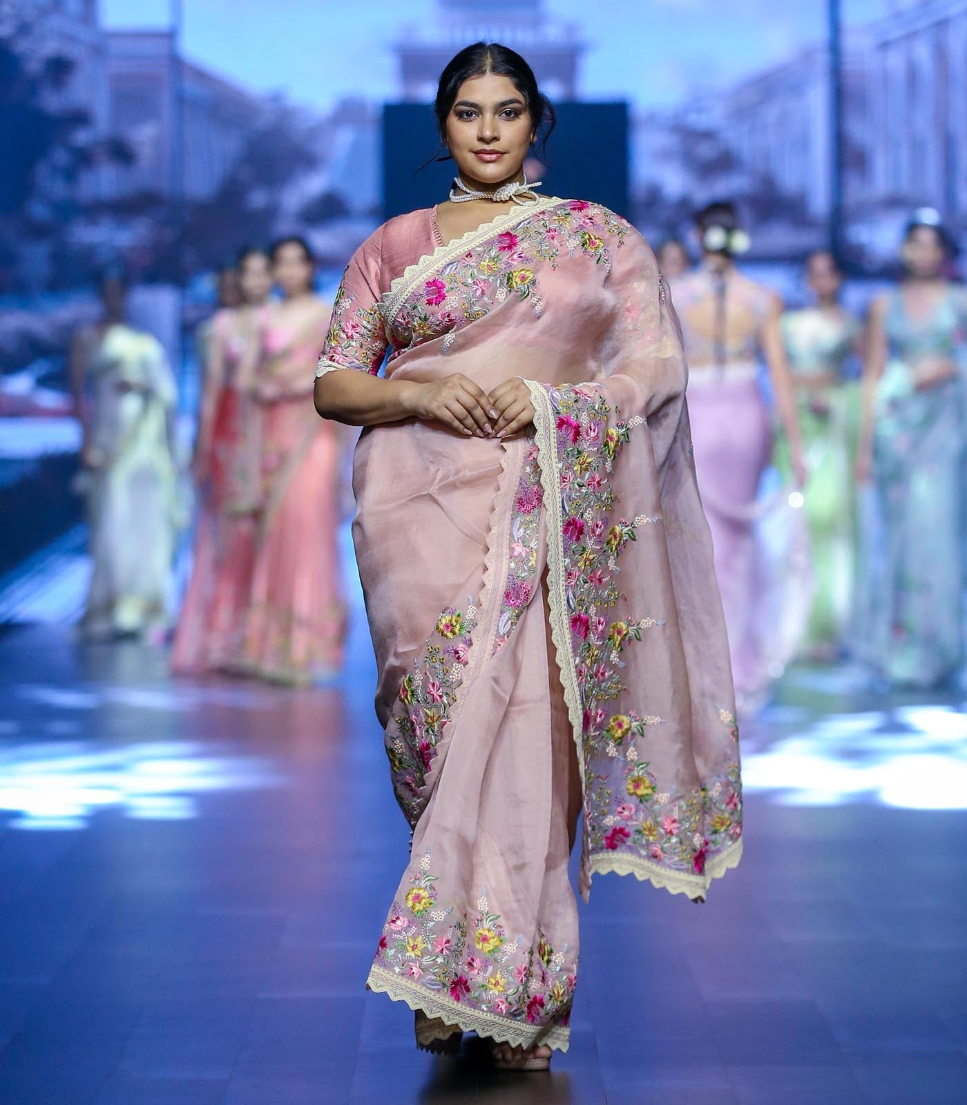 CY Anushree Reddy Nadiah - Peach Embrodiered Saree Set Front 1