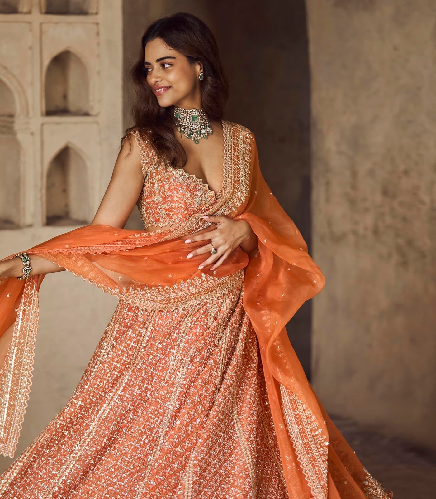 CY Anushree Reddy Orange Leela Lehenga Set Close Up 1