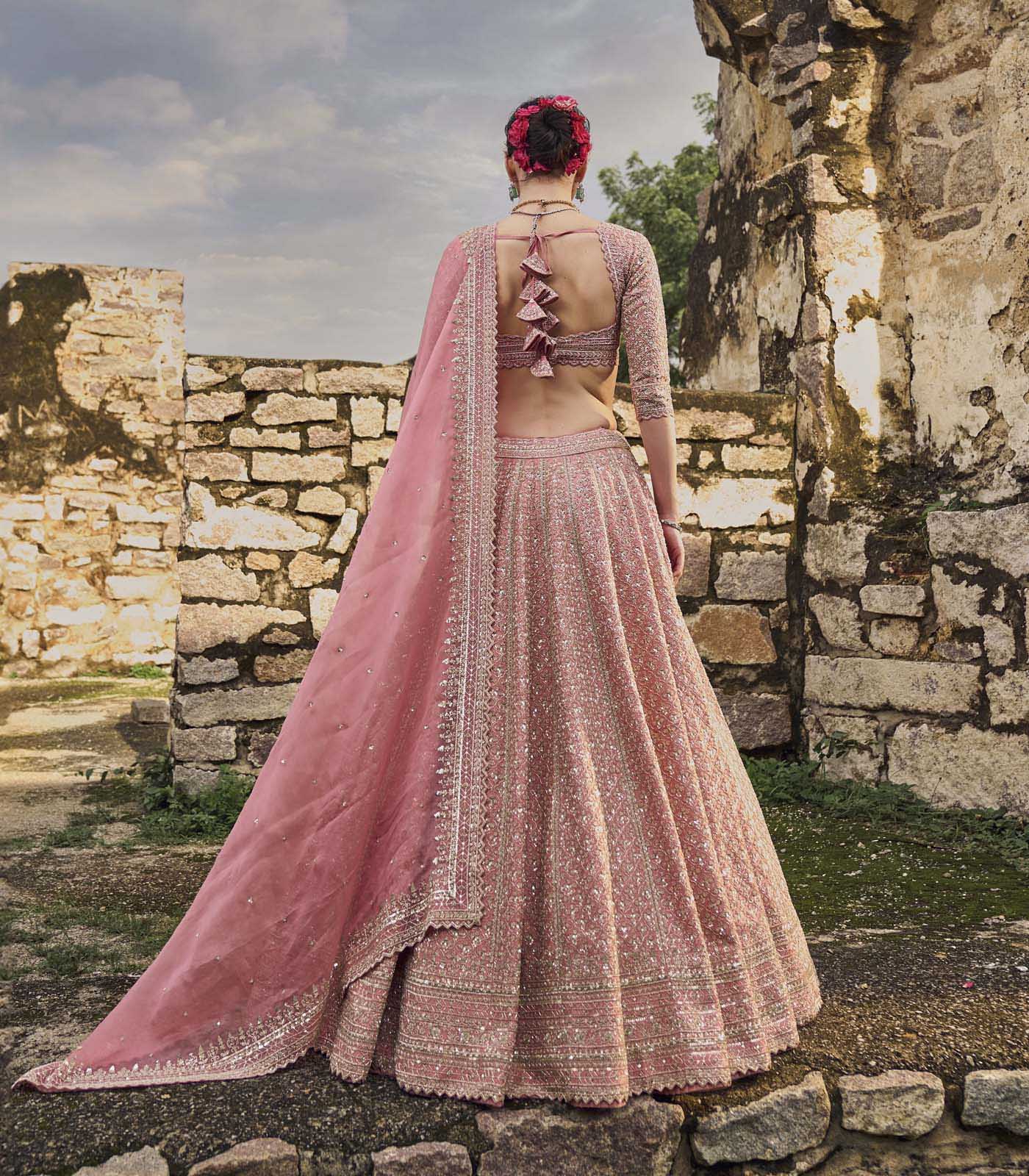 CY Anushree Reddy Pinkish Peach Leela Lehenga Set Backside