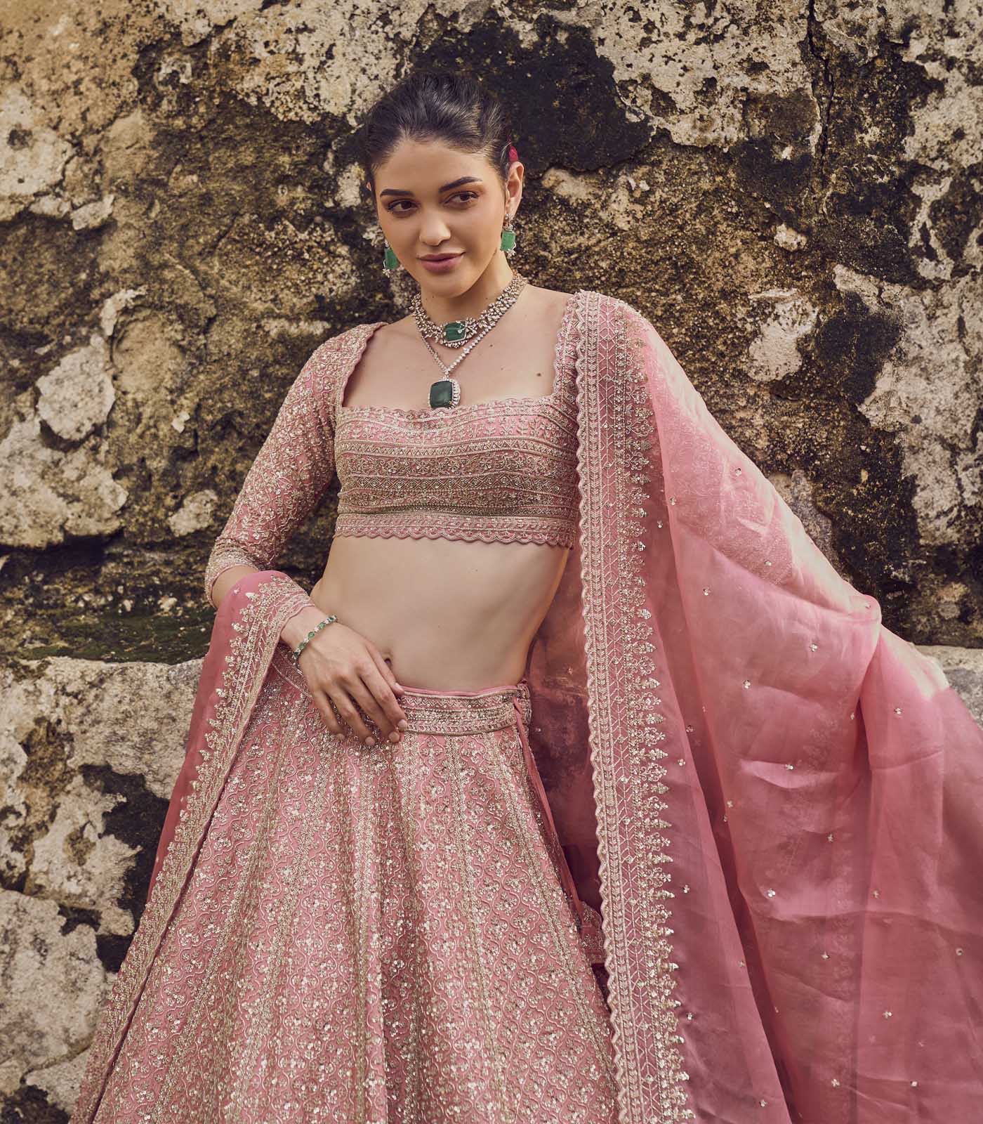 CY Anushree Reddy Pinkish Peach Leela Lehenga Set Close Up