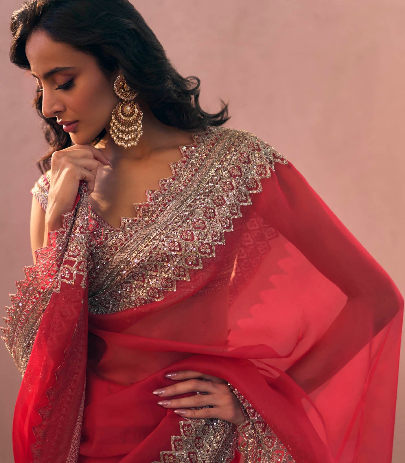 Anushree Reddy Red Divila Saree Set Close Up