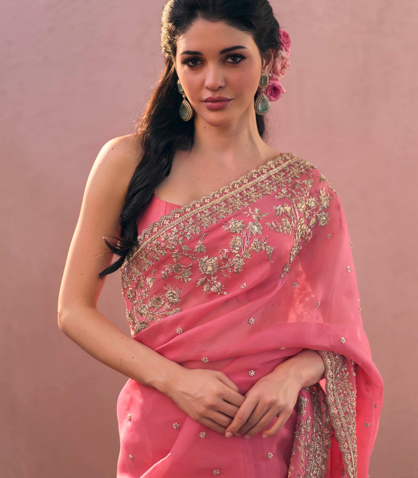 CY Anushree Reddy Rose Pink Adya Saree Set Close Up