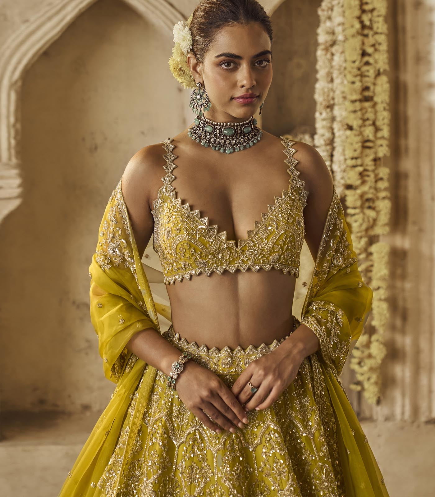CY Anushree Reddy Yellowish Green Sneha Lehenga Set Close Up
