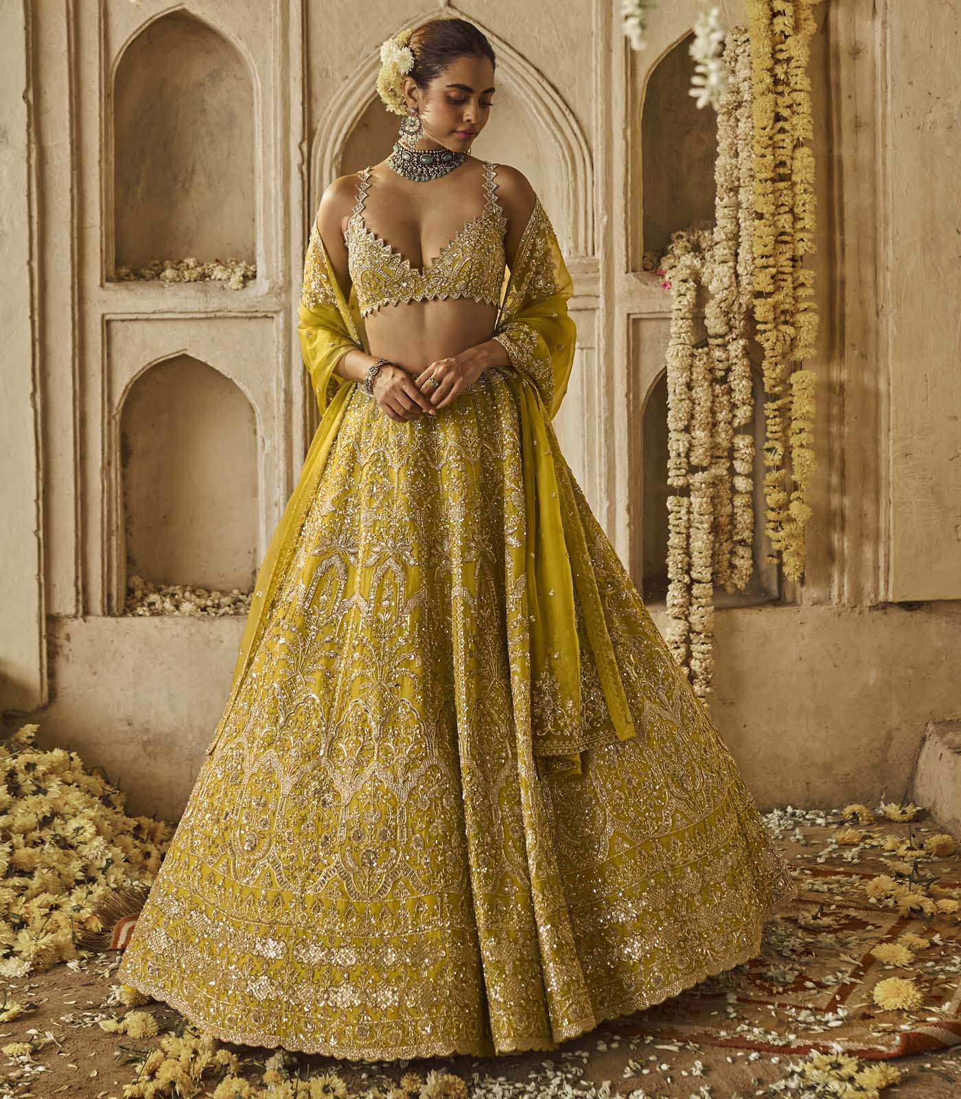 CY Anushree Reddy Yellowish Green Sneha Lehenga Set Front 2
