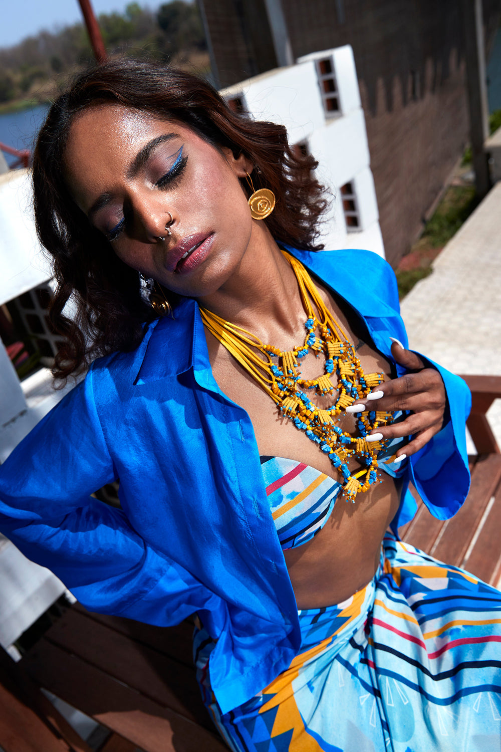 Blue Bralette with Drape Skirt and Jacket