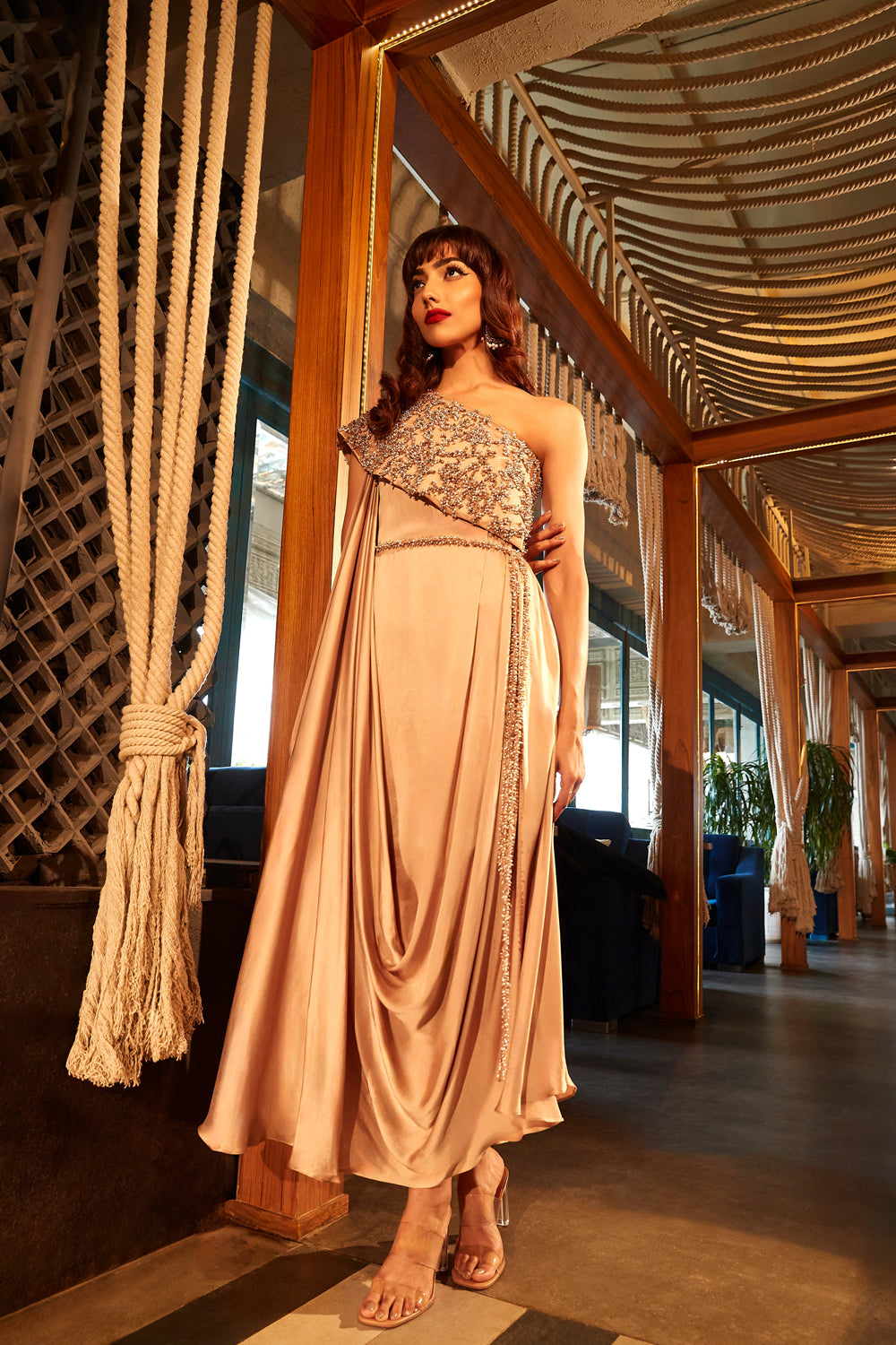 Golden Oscar One-Shoulder Draped Dress