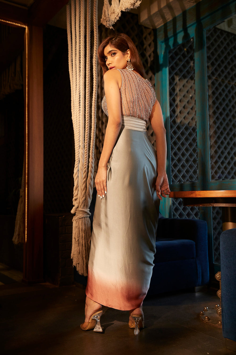 Ombre Draped Dress in Dove Grey with Hand Embroidery