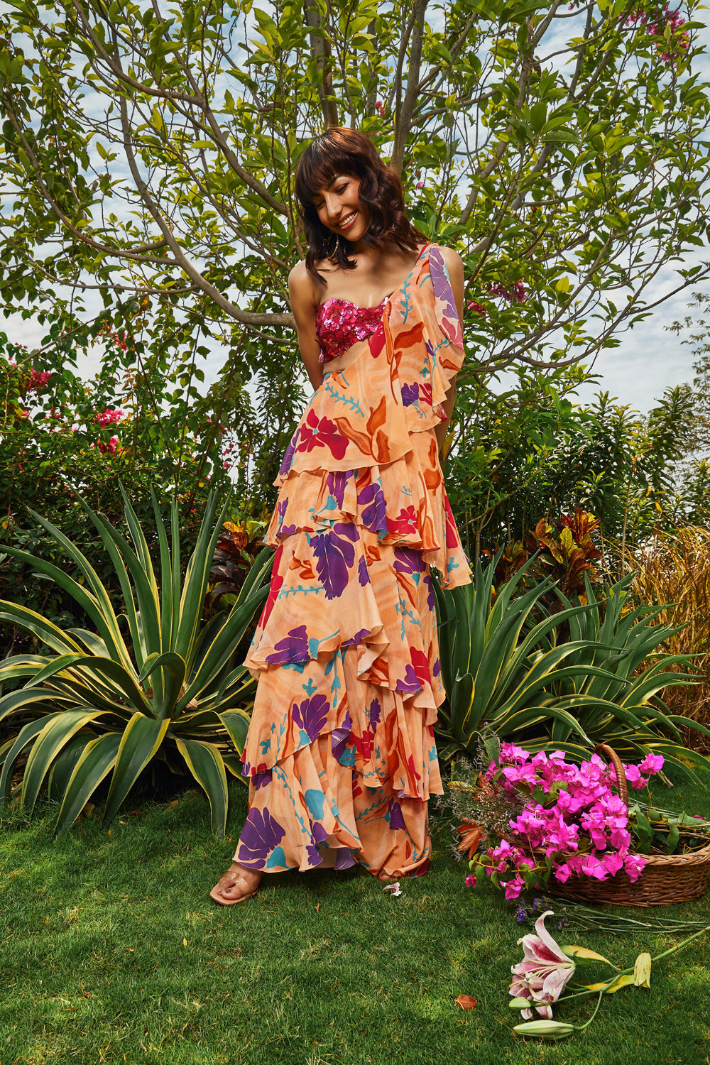 Floral Printed Tiered Saree