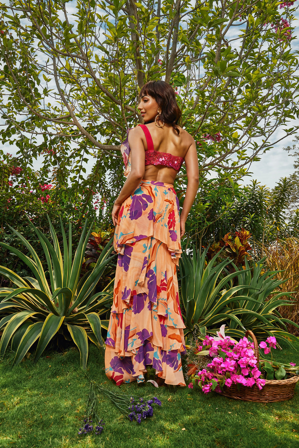 Floral Printed Tiered Saree