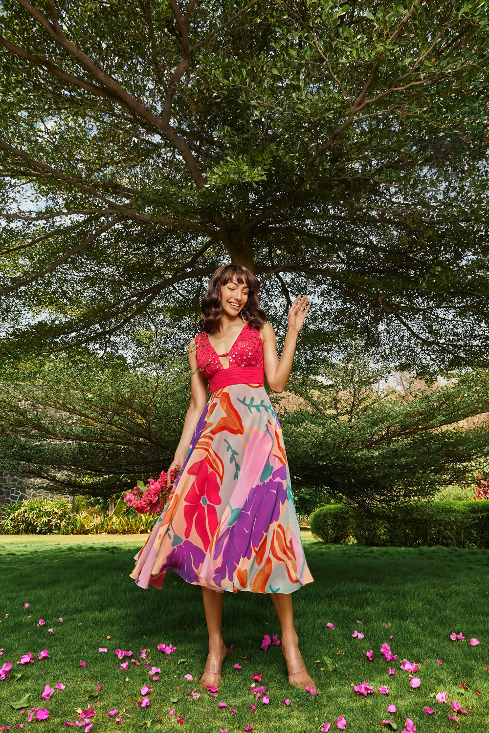 Printed Midi-Dress with Ruched Bodice