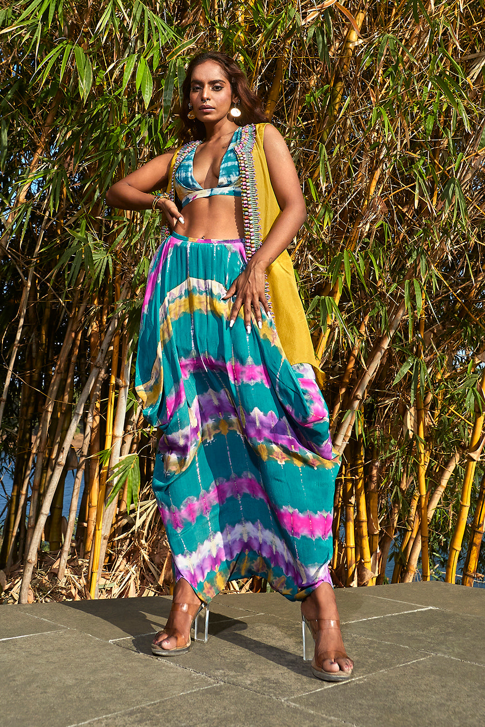 Green Bralette, Jacket and Dhoti Skirt