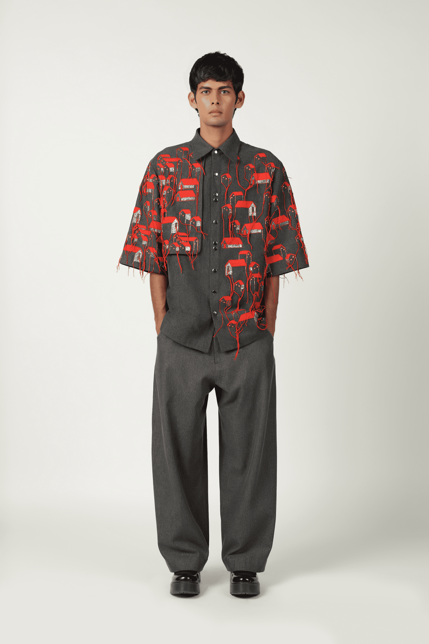 Tiny Houses Flap High-Low Oversized Shirt With Pants And Cap