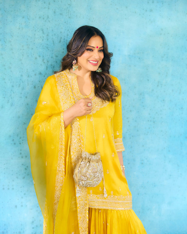 Bipasha Basu in Gopi Vaid Yellow Sharara Set Front Close Up