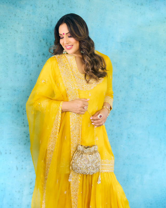 Bipasha Basu in Gopi Vaid Yellow Sharara Set Front Close Up