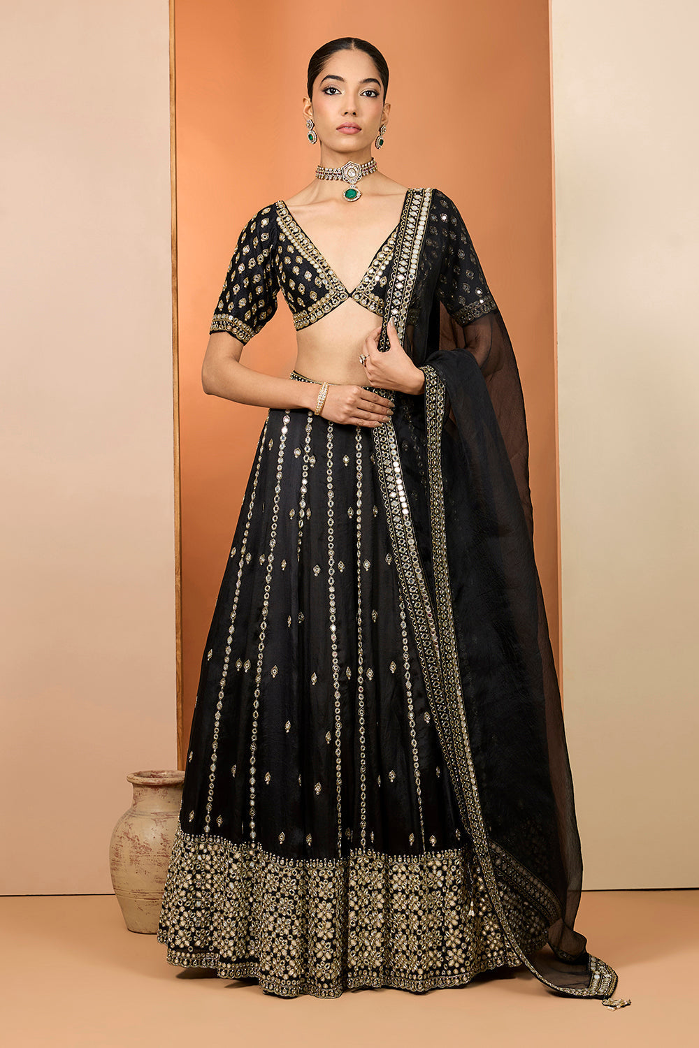 Black Silk Organza Hand Embroidered Lehenga Set With Pure Raw Silk Blouse And Silk Organza Dupatta
