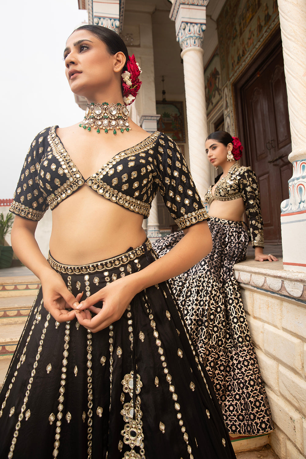 Black Silk Organza Hand Embroidered Lehenga Set With Pure Raw Silk Blouse And Silk Organza Dupatta