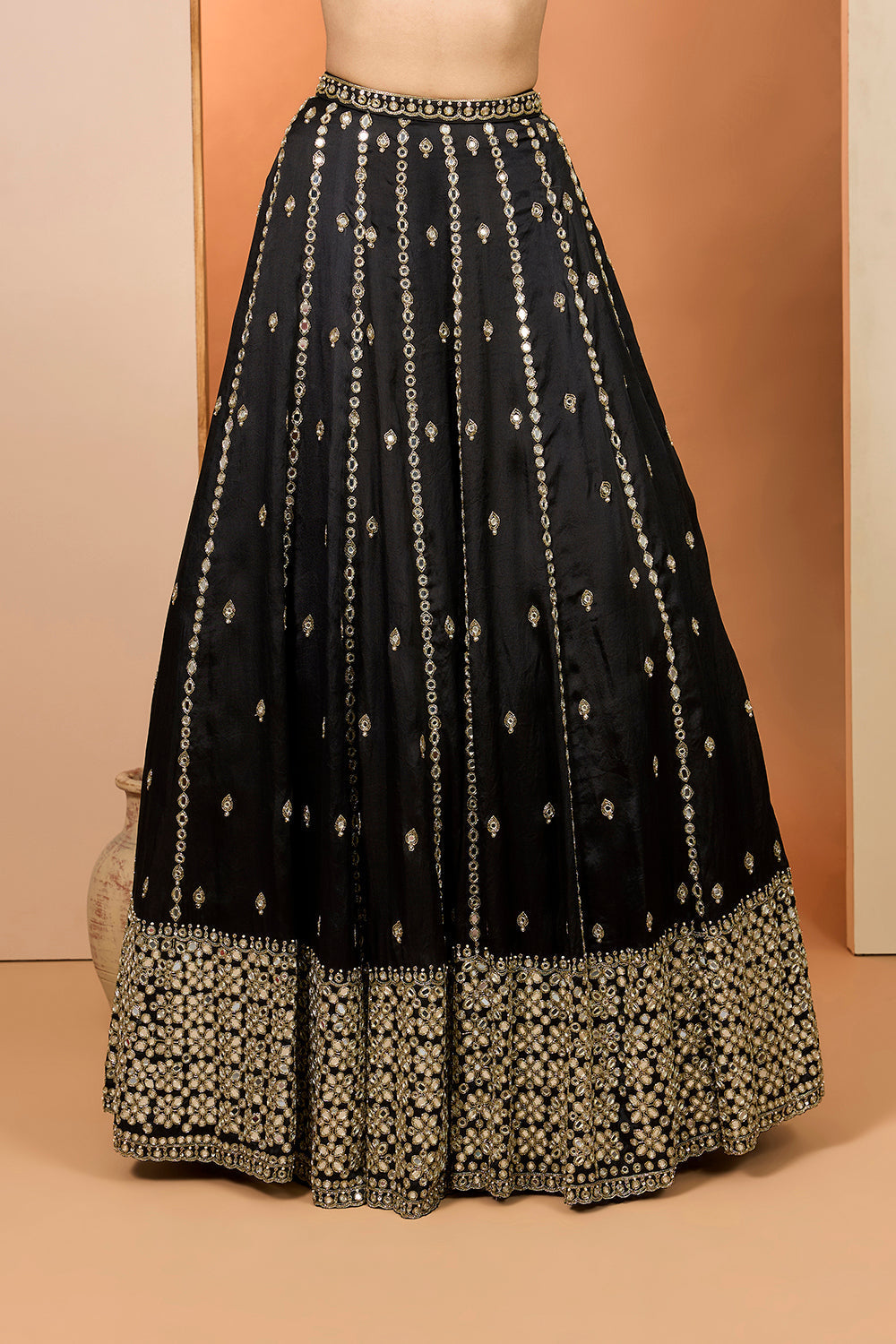 Black Silk Organza Hand Embroidered Lehenga Set With Pure Raw Silk Blouse And Silk Organza Dupatta