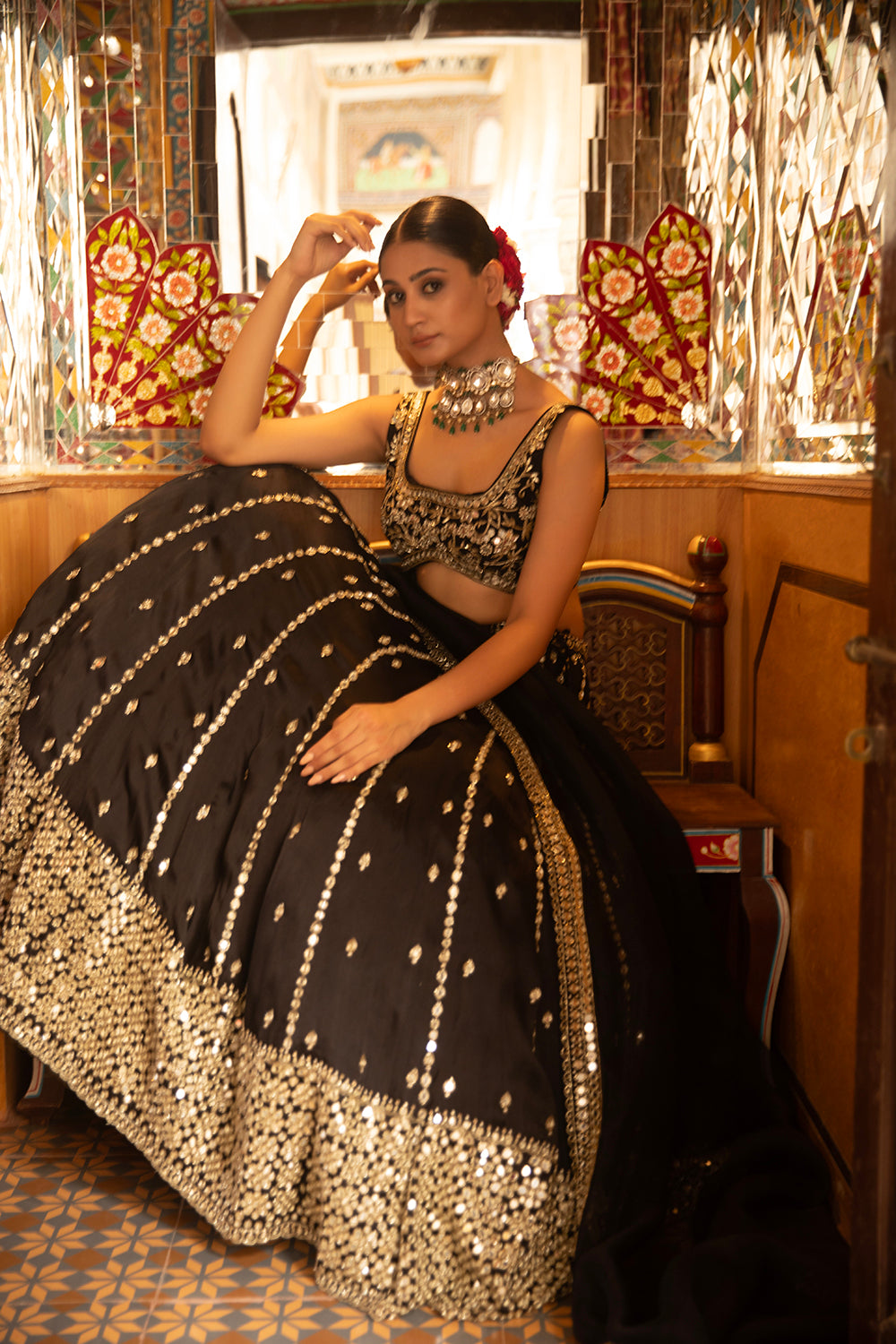 Black Silk Organza Hand Embroidered Lehenga Set With Pure Raw Silk Blouse And Silk Organza Dupatta