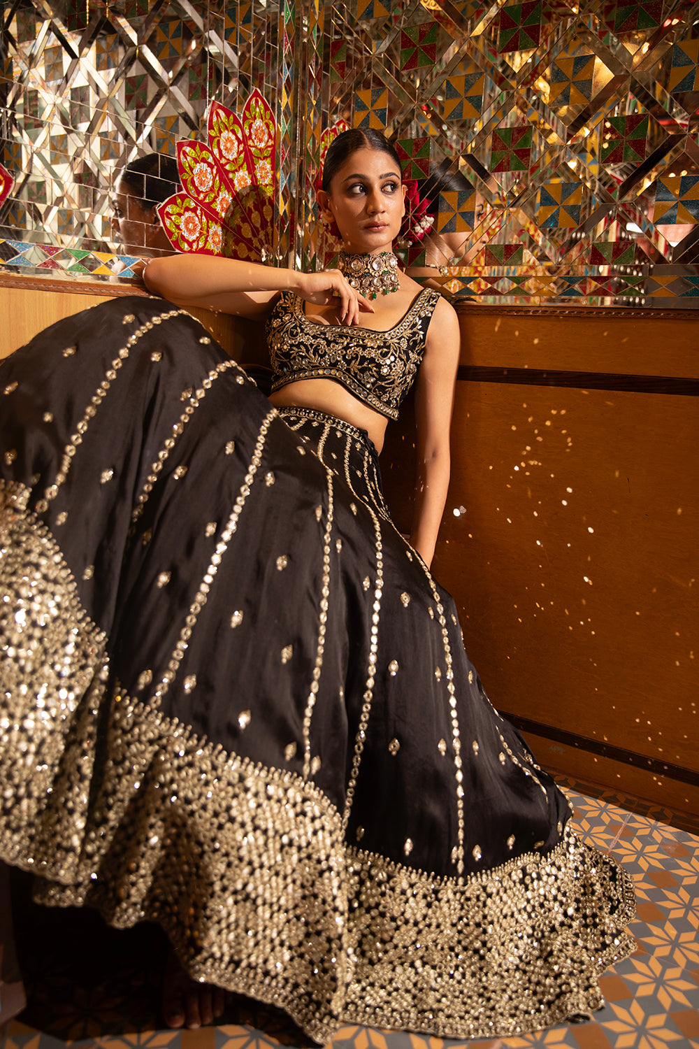 Black Silk Organza Hand Embroidered Lehenga Set With Pure Raw Silk Blouse And Silk Organza Dupatta