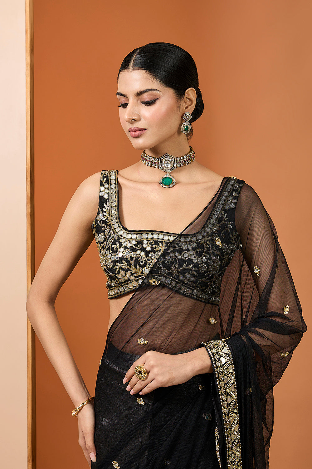 Black Silk Tissue Net Saree