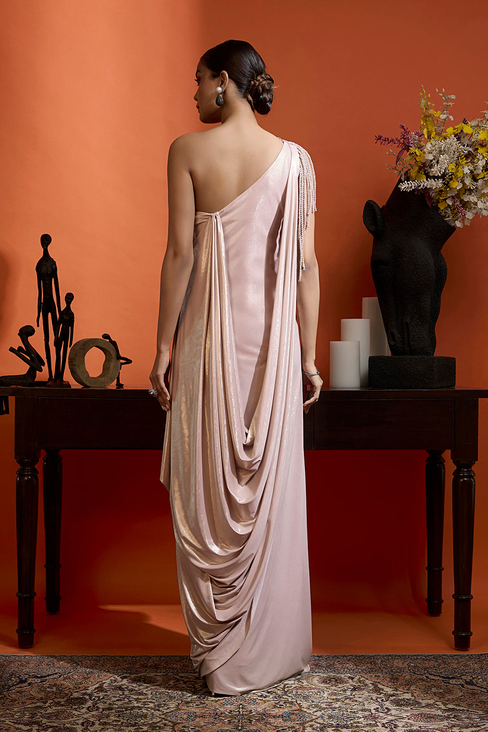 Champagne Pink One-Shoulder Drape Gown