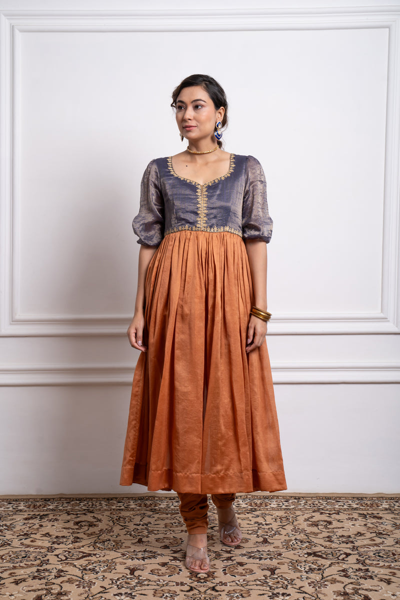 CY Vinusto Saffron Brown Embroidered Anarkali With Cotton Churidar Front 1