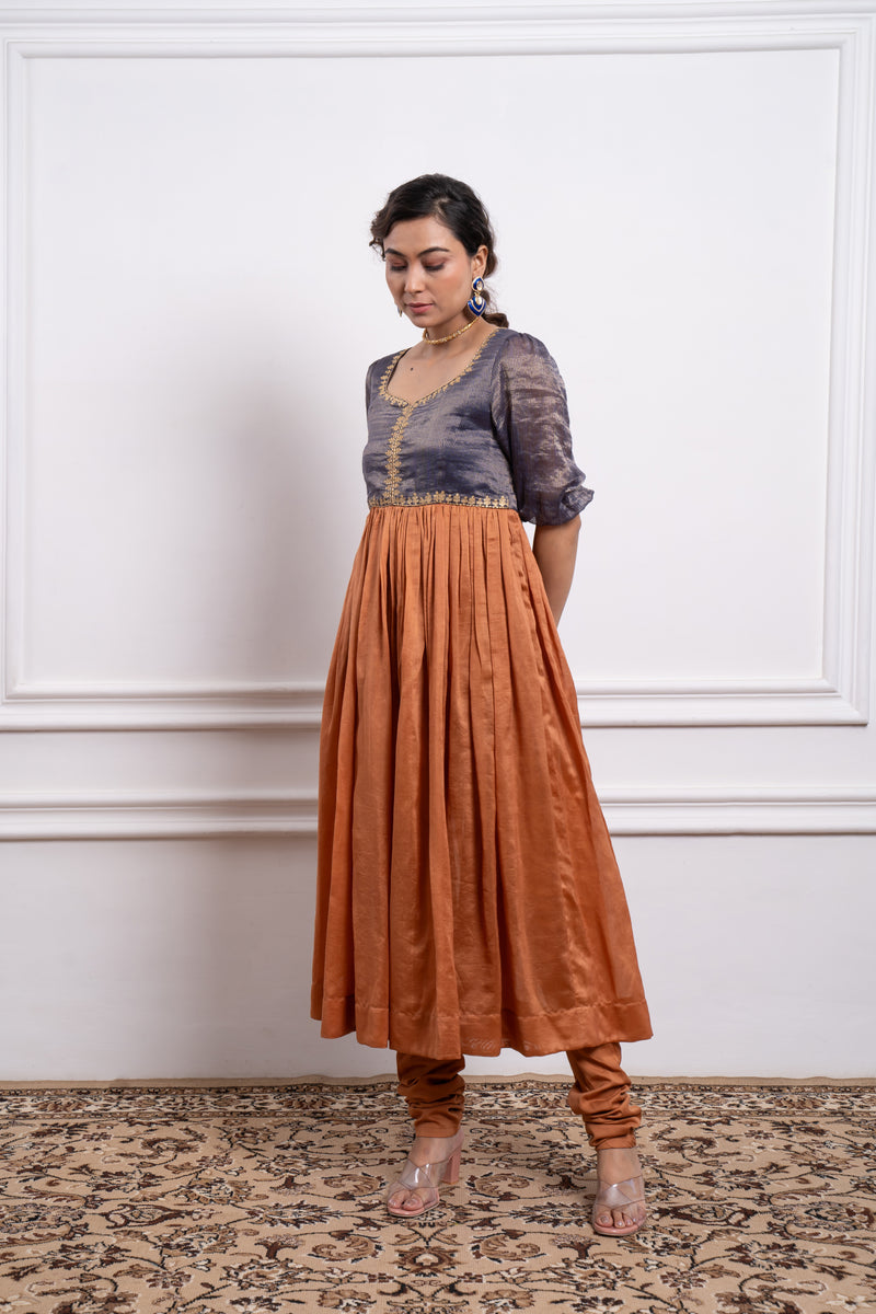 CY Vinusto Saffron Brown Embroidered Anarkali With Cotton Churidar Front 2