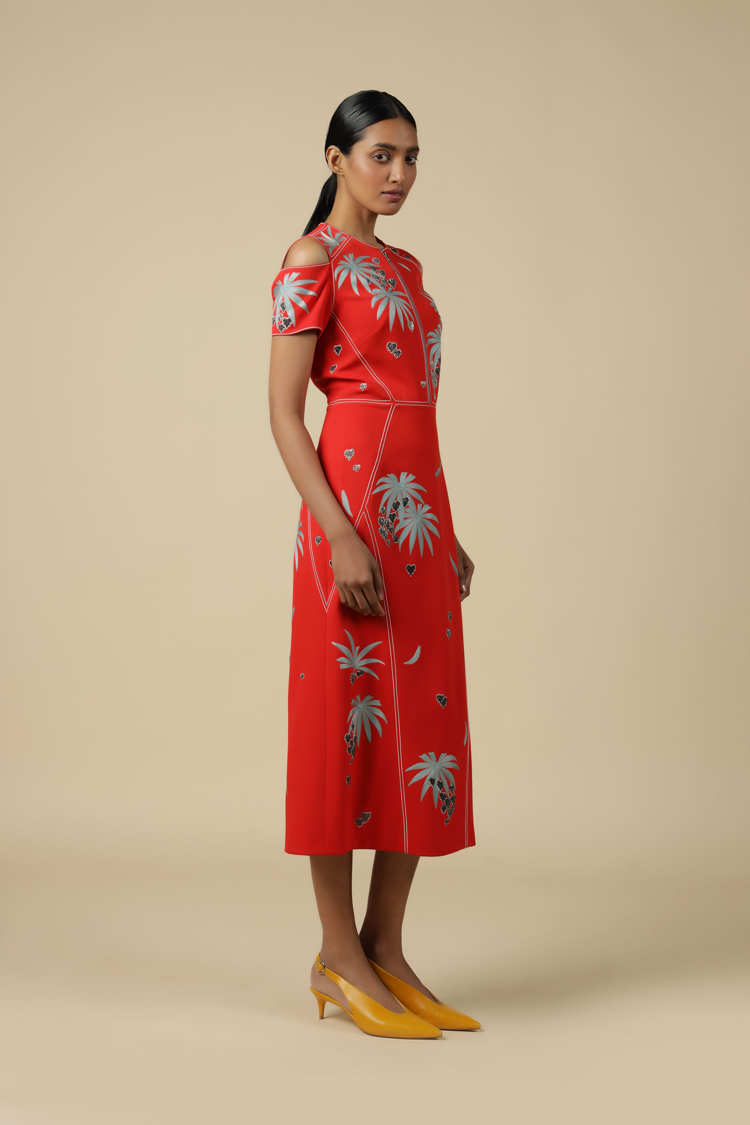 Leaf And Fruit Cold Shoulder Dress