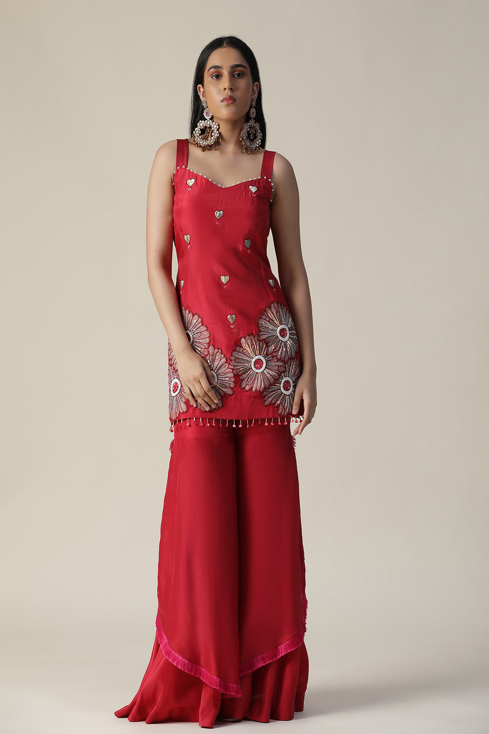 Red Flower Embroidered Sharara Set - Auraya Fashion - Arpita Sulakshana - #tag1# - #tag2# - #tag3# - #tag3#